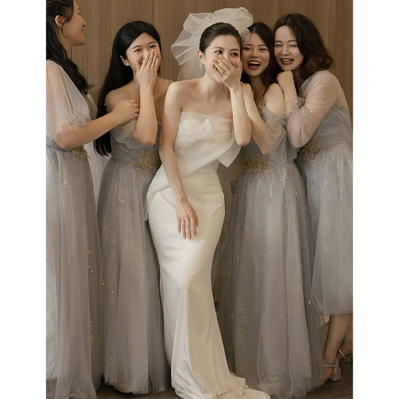 Strapless Light Wedding Dress with a Slim and Elegant High-End Feel for Brides, Suitable for Weddings and Engagements, Featuring a Fishtail Waist-Cinching Satin Evening Gown