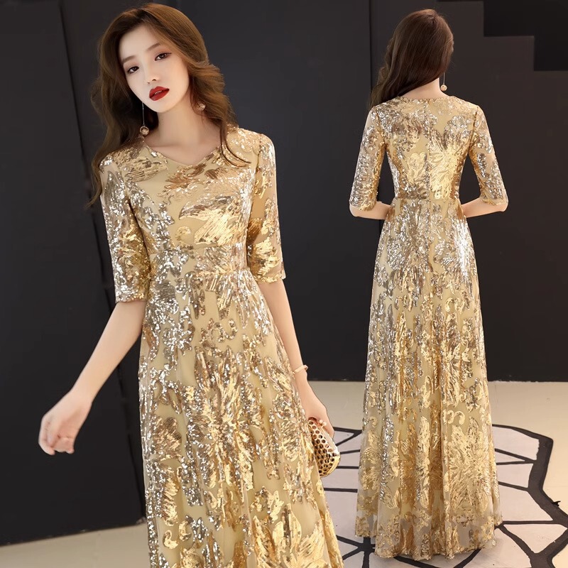 Long Evening Gown for Banquets, 2026 New Spring Model, Gold Fashionable and Elegant Dress, Performance Dress, Women's Dress Long Evening Gown for Banquets, 2026 New Spring Model, Gold Fashionable and Elegant Dress, Performance Dress, Women's Dress