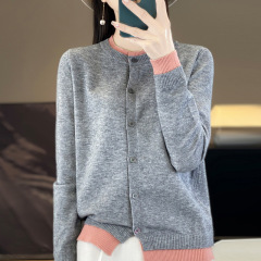 时尚撞色假两件针织开衫女短外套长袖毛衣百搭宽松显瘦外搭上衣毛