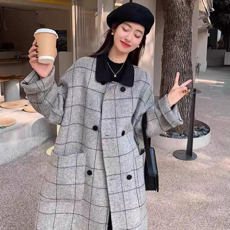 大格纹复古设计感呢子大衣外套中长款秋冬季人字纹时尚毛呢外套女