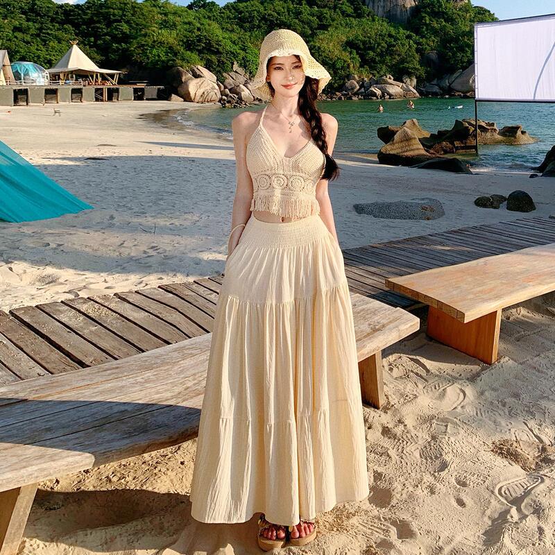 Bohemian Resort Style Beige Knitted Suspender A-Line Long Skirt High-Waisted Skirt Suit for Women Are Popular This Year in Summer