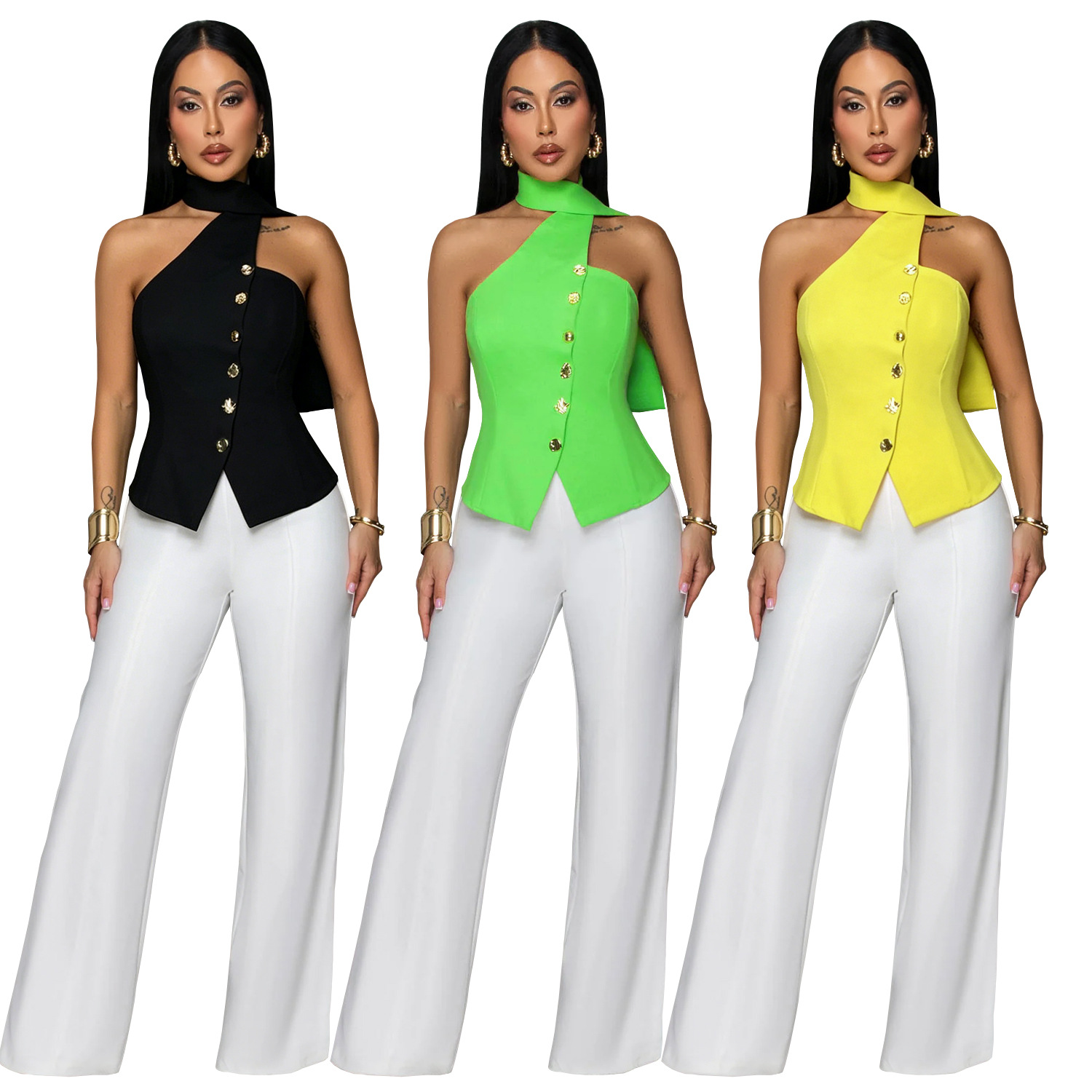 C7756 transfronterizo 2026 nueva ropa de mujer europea y americana de verano cuello de viaje de vestir chaqueta de regazo pantalones de piernas anchas dos piezas nuevo conjunto