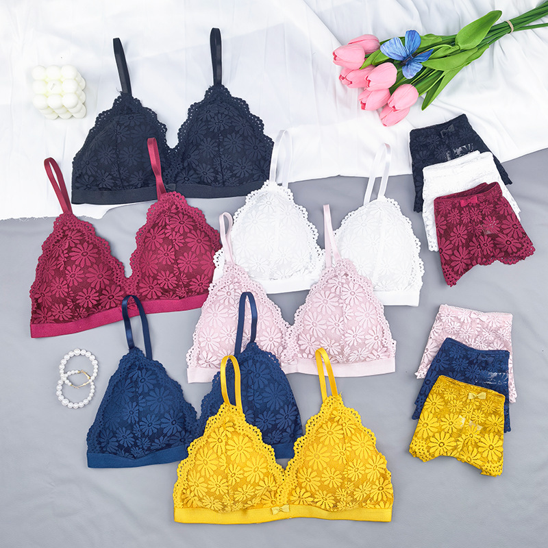 Bra de estilo francés conjunto de encaje femenino se reúne de alta calidad sin anillo de acero hermosa espalda delgada ropa interior de tamaño grande transfronteriza
