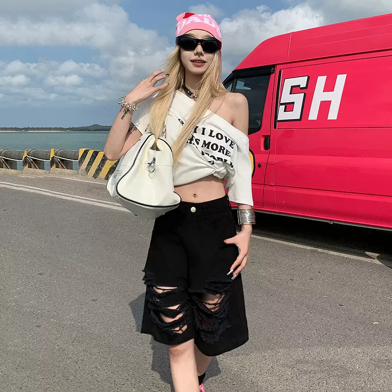 潮源美式高街复古破洞裤夏季宽松百搭短裤高腰宽松直筒牛仔五分裤