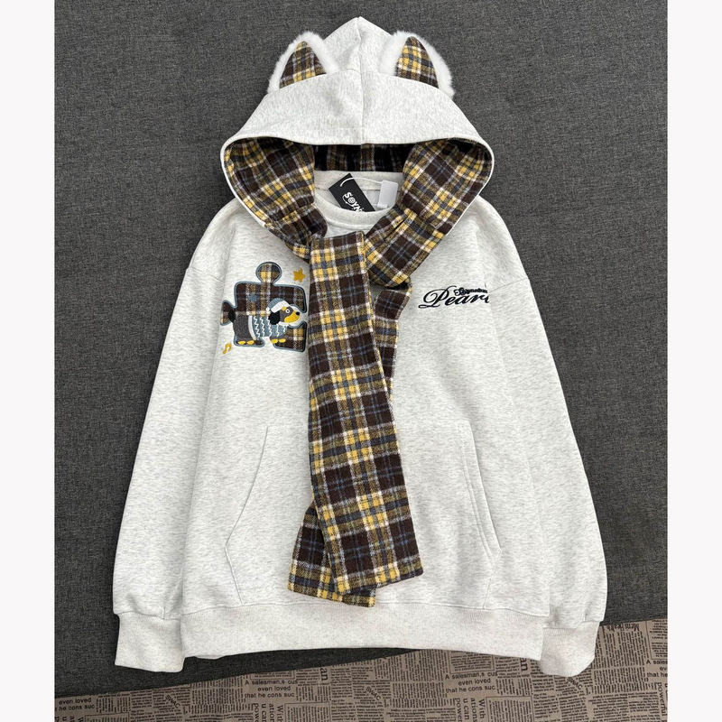 American Retro Plaid Shawl Tie-Up Hooded Sweatshirt for Women, Autumn and Winter Loose Lazy Style, Fleece-Lined and Thickened Patchwork Jacket
