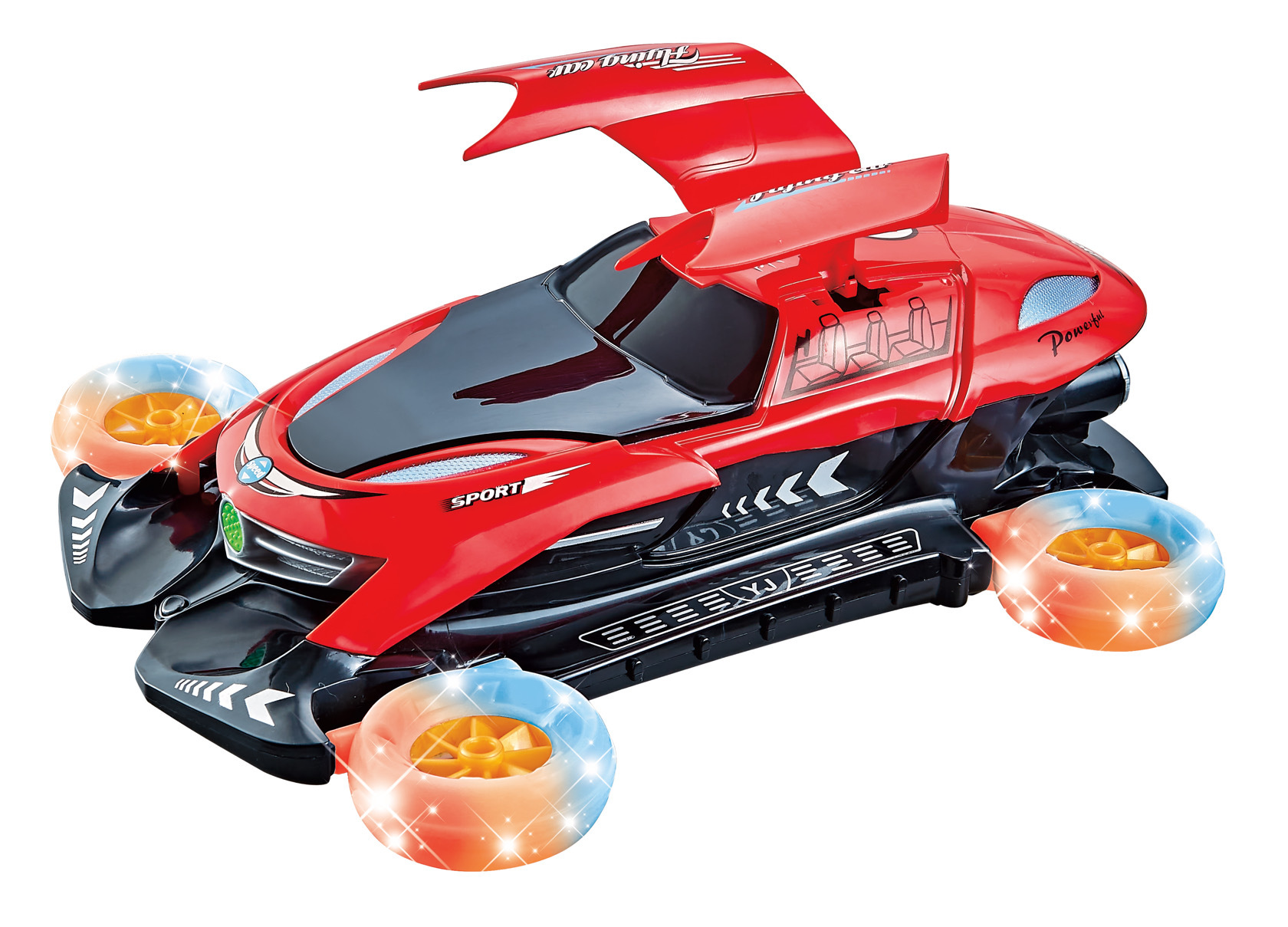 Transfronterizos niños eléctricos de cuatro ruedas giratorias coche de vuelo Amazon puerta abierta deformación de luces coche de juguetes de música