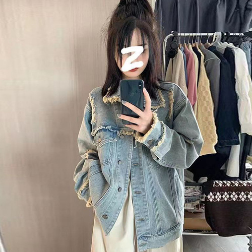 Retro raw edge distressed ripped denim jacket for women spring and autumn loose casual all-match work jacket top trendy ins