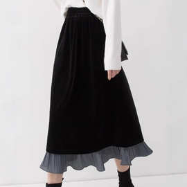 洋气款2024年秋冬季裙子气质金丝绒拼压褶设计感半身裙中长款半裙