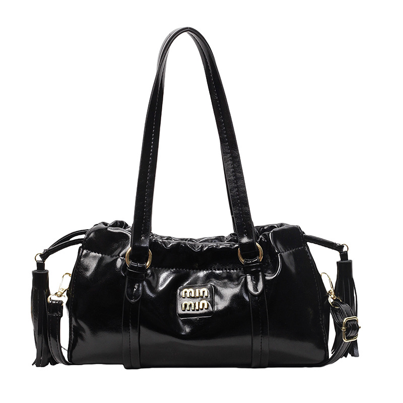 Bolso femenino portátil de cercanías de palo francés francés retro, cuero de cera de aceite retro, cordón plisado, bolso de bola de masa casual de un solo hombro