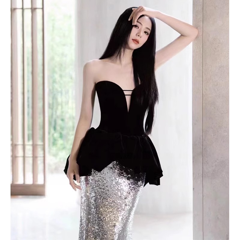 Black Evening Dress for Women 2026 New Model, High-End Socialite Style, Shiny Strapless Mermaid Gown, Light Luxury Niche High-End