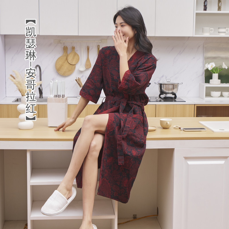 薄款纯棉浴袍色织提花双层纱布国风复古中式浴衣睡衣女吸水可外穿|undefined