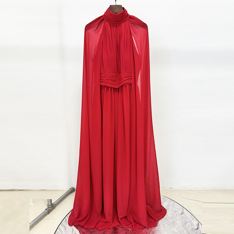 High Street Fashion 2026 Early Spring New Style High-End Elegant Chiffon Pleated Long Dress Floor-Length Gown