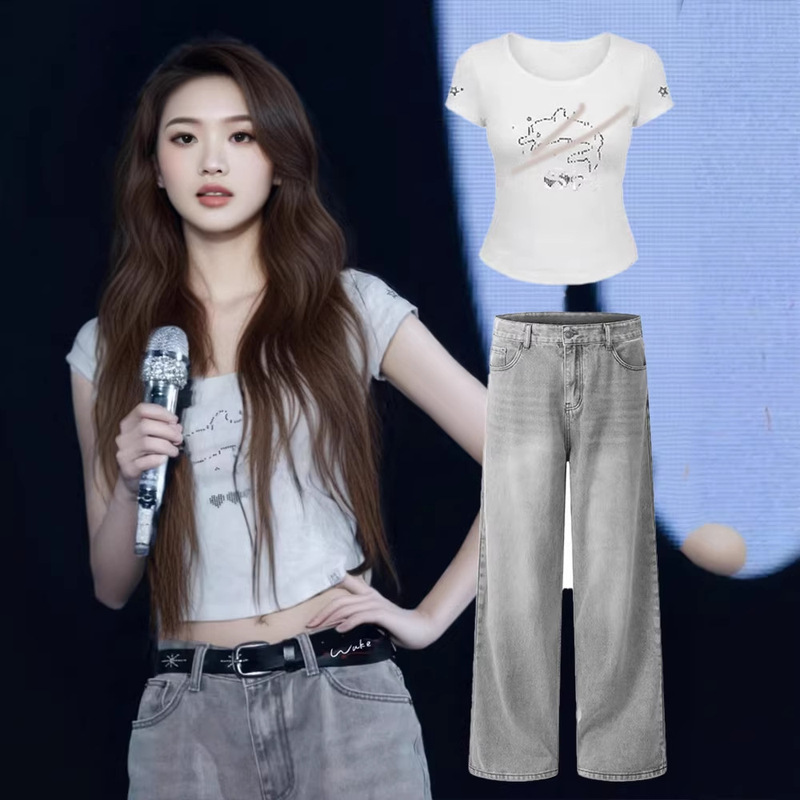 In-Stock Ye Shuhua Style Hot Girl Rhinestone Short-Sleeve T-Shirt White Retro Straight Wide-Leg Jeans Set for Women Summer In-Stock Ye Shuhua Style Hot Girl Rhinestone Short-Sleeve T-Shirt White Retro Straight Wide-Leg Jeans Set for Women Summer
