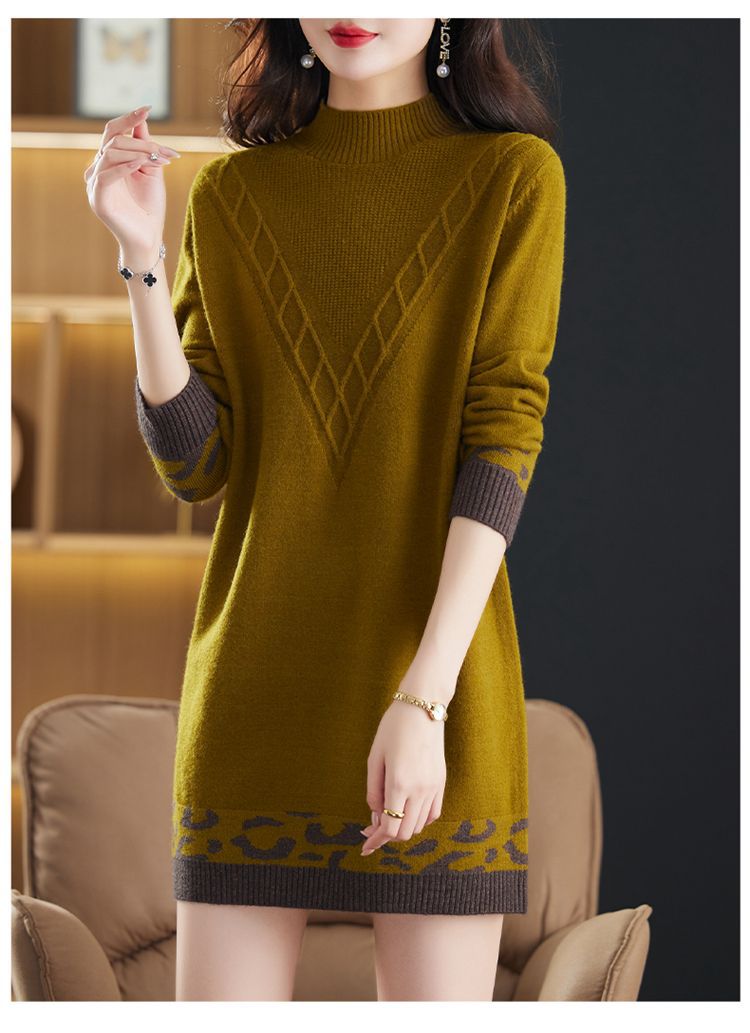 [Cashmere Family] Mittellanger bis langer Pullover aus Wollbasis für Mütter, Wollkleid, lockerer und dicker Jacquard-Strick für Damen_voghion.com
