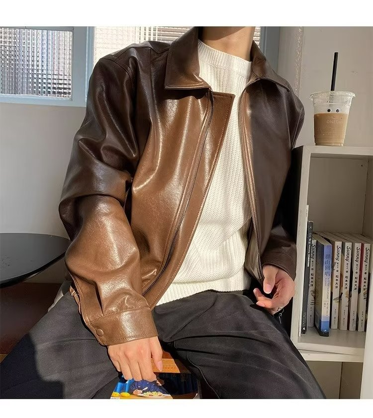 Vintage Short Leather Jacket Men's Loose Locomotive Suit Trendy Brand Pilot Leather Jacket Jacket_viptrois.com