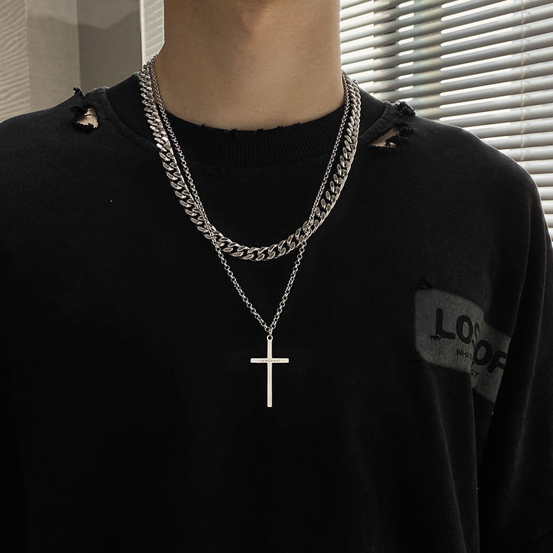 Collier croix double couche pour homme, style hip-hop européen et américain, tendance Instagram, design de niche, cubain_voghion.com