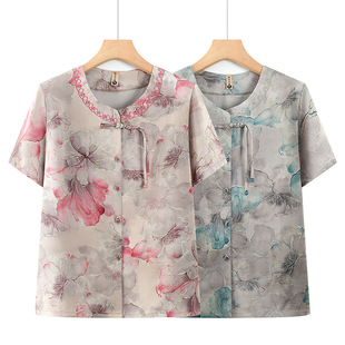 Grandma's Chinese-Style T-Shirt for Middle-Aged and Elderly Women, Mom's Cardigan Top, Cool and Breathable Thin Shirt for Elderly Ladies