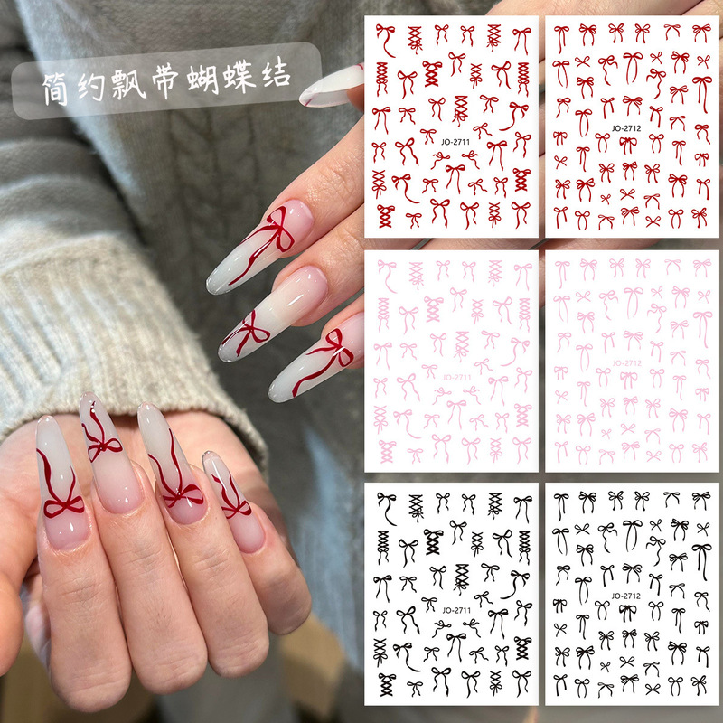 Nail Art Sticker Bow Tie Wearable Nail Patch with Adhesive Backing Ultra-Thin Red Pink Black Nail Decoration
