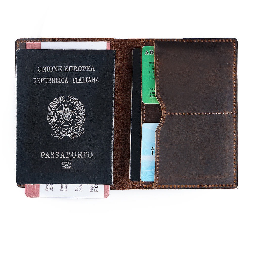 Bolso de pasaporte de cuero de caballo loco retro hecho a mano de Amazon Bolso de tarjeta multifuncional de cuero Paquete de certificado de viaje con cepillo antirrobo RFID