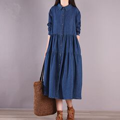 2025秋装新款韩版长袖牛仔连衣裙磨白拼接褶皱显瘦宽松大摆衬衫裙