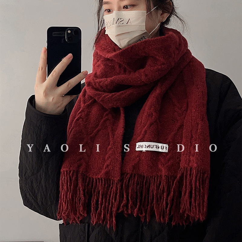 安可拉红羊毛混纺针织流苏围巾女秋冬保暖防寒毛线围脖|undefined