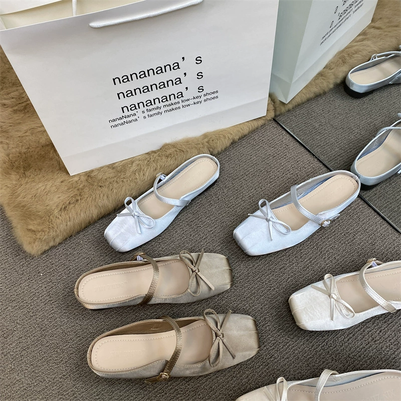 XINZHOU 2025 Spring New Style Temperature Satin Bread-toe Half Slippers Wear Women's Shoes with Bow Square Toe Flat Sole Cool