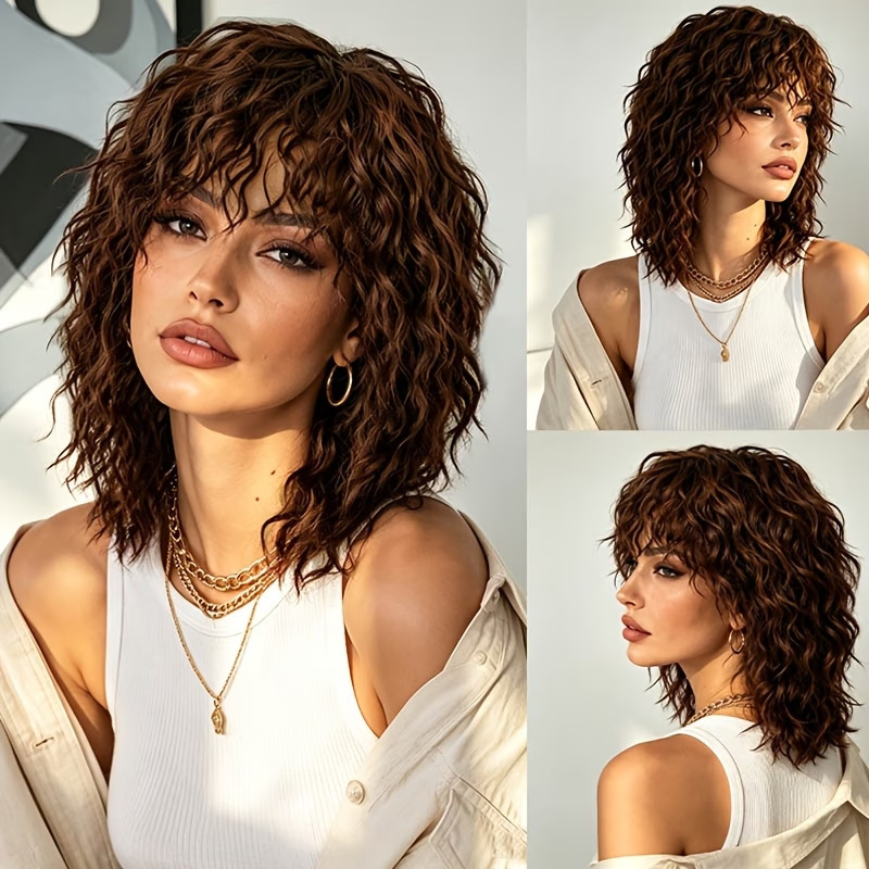 European and American women's black spiral curly wig with bangs, voluminous mid-length hair, cross-border e-commerce supply, full head wig