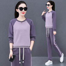 高棉拼色时尚休闲运动套装女春秋中年妈妈圆领卫衣卫裤洋气两件套