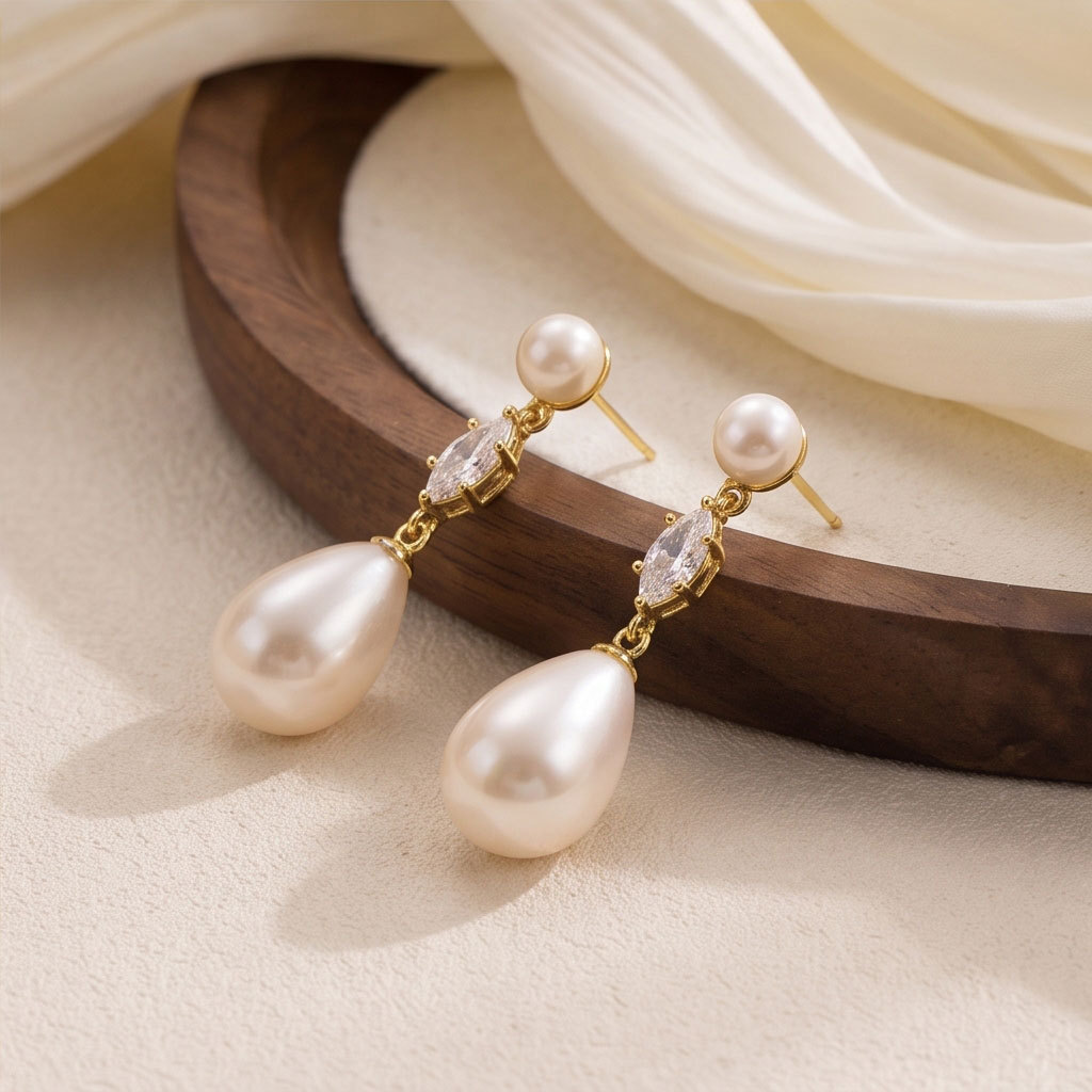 Korean Style Gentle Water Drop Pearl Earrings High-End Marquise Diamond Long Dangle Earrings Simple Temperament Fashion Accessories Wholesale