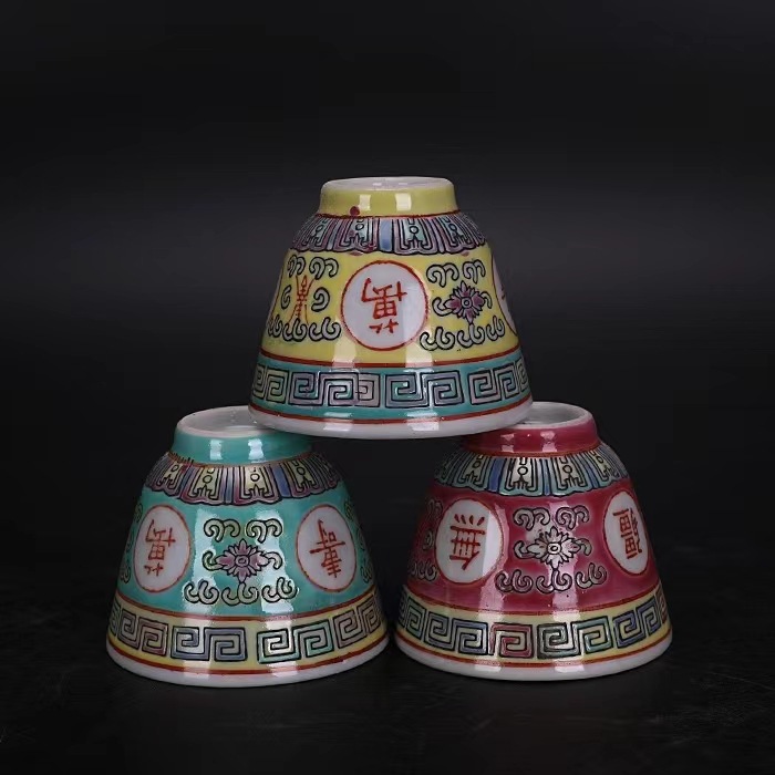 景德镇厂货传统名瓷粉彩万寿无疆二缸盅三缸盅茶杯收藏古玩手工