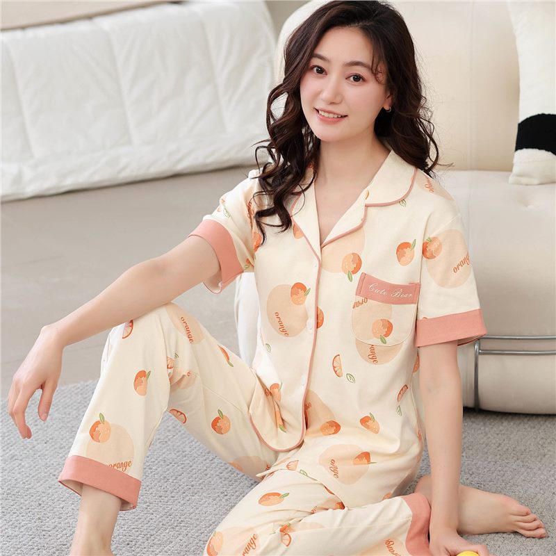 Pajamas de algodón de dos caras para mujeres de verano coreanas pantalones de manga corta, cardigan grande, ropa para el hogar juvenil