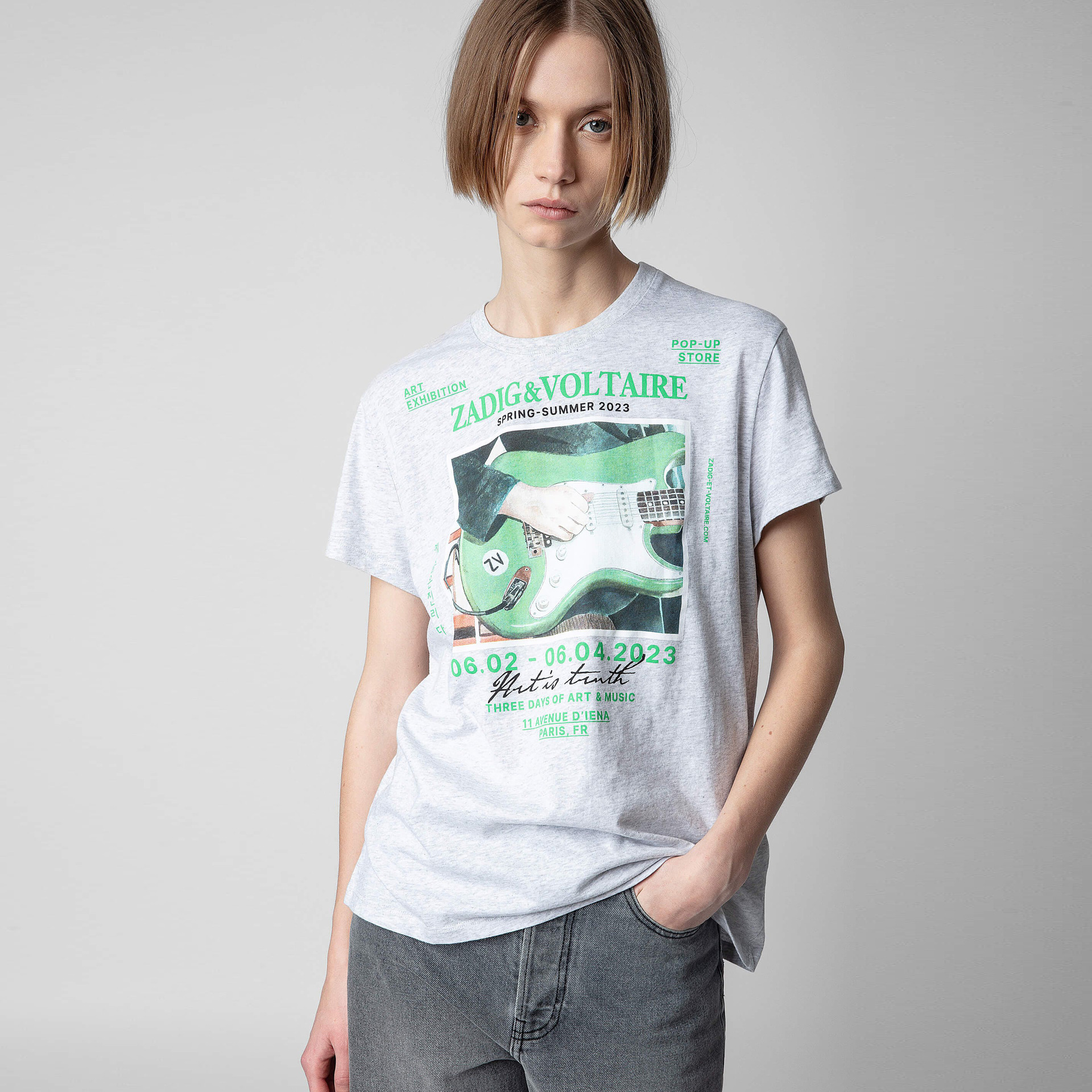 Clearance Sale ~ No Returns or Exchanges ~ Zv Green Guitar White Ink Digital Print Women's Round Neck Cotton Short Sleeve T-Shirt