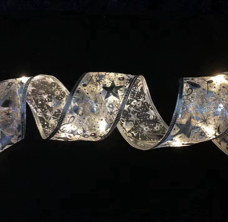 Christmas LED ribbon lights, golden/silver silk, 3.8/5 cm, 1–10 m, battery or remote power options