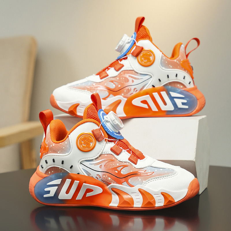 Boys' Sports Shoes 2026 Autumn and Winter New Model with Rotating Buckle, Children's Sneakers, Student Sports Shoes, Leather Running Shoes for Older Kids, Trendy