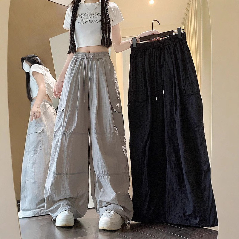 Thin Cargo Wide-Leg Pants for Women, Summer Plus Size, Loose Fit, Slimming, Ice Silk Quick-Dry Casual Pants, Sports Straight-Leg Pants