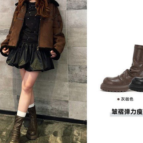 显腿细~厚底增高瘦瘦靴女堆堆褶皱短靴后拉链圆头弹力马丁靴女|undefined