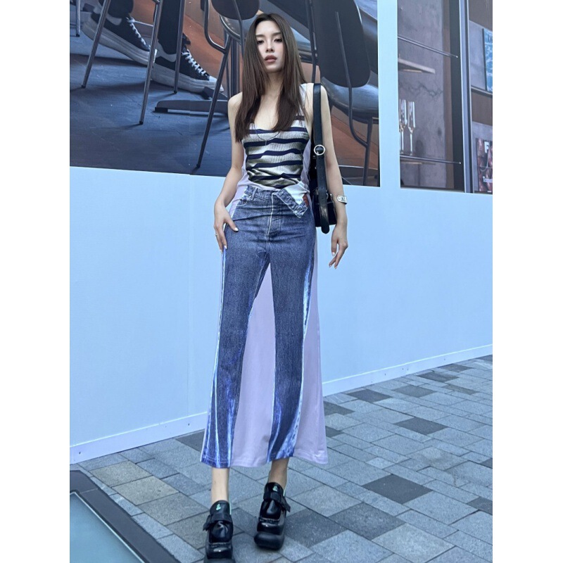 Real shot spot fashion color matching illusion denim printed slim vest slim dress women Real shot spot fashion color matching illusion denim printed slim vest slim dress women