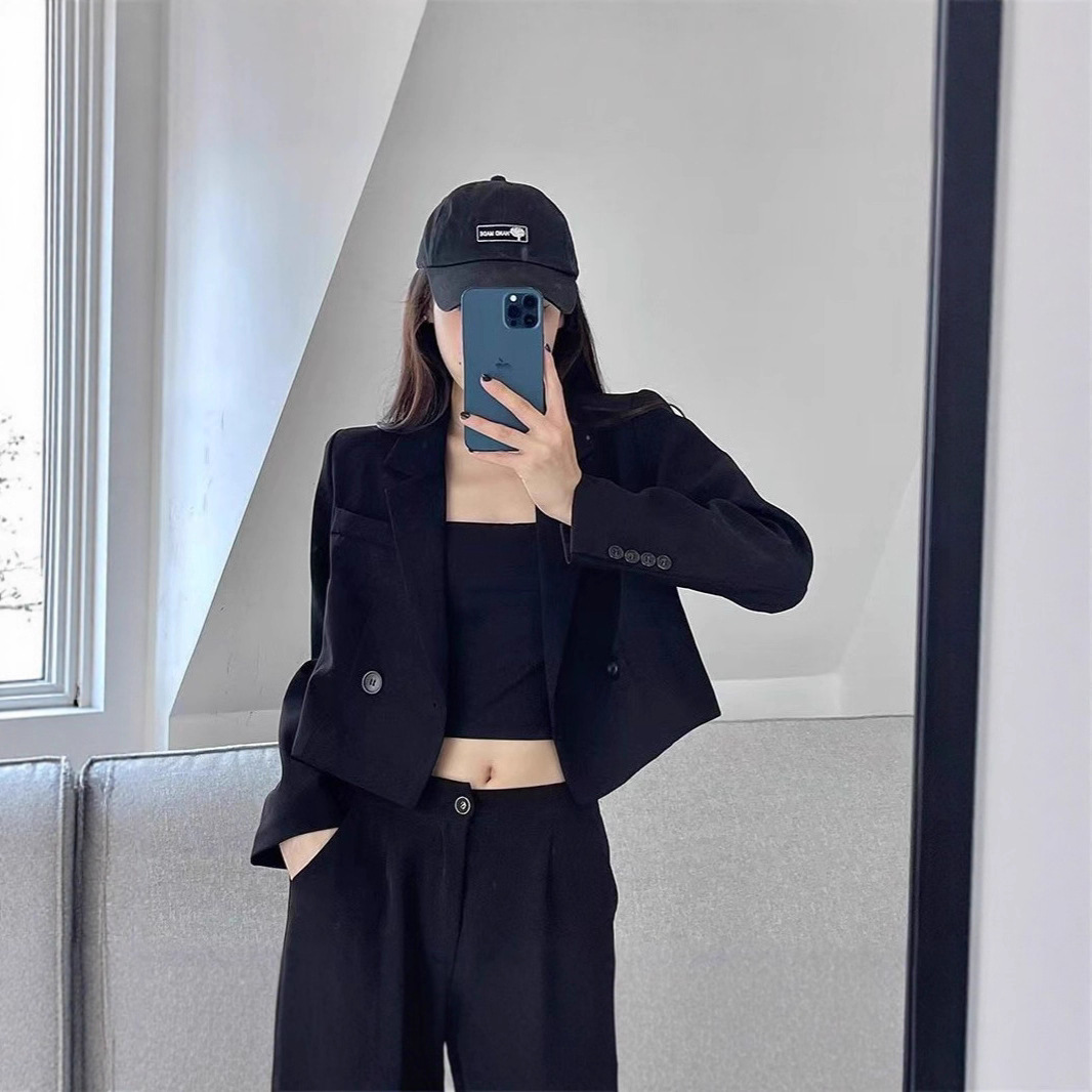 Chic Retro Short Black Suit Jacket for Women 2025 Spring New High-End Street Korean Style Casual Suit