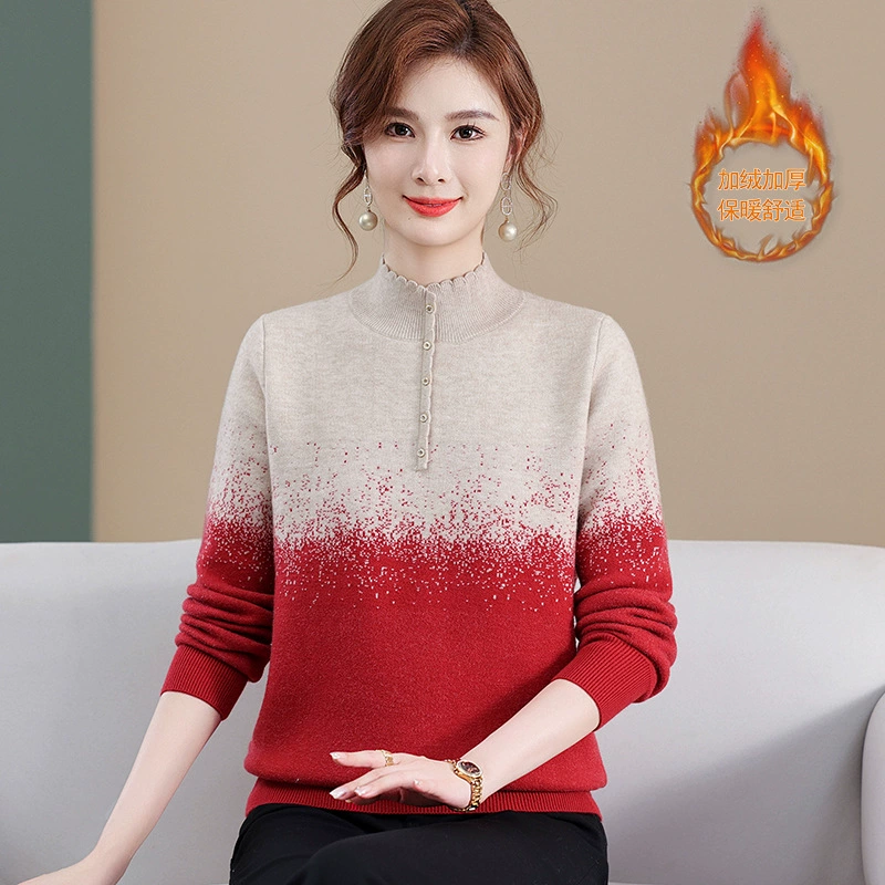 Новая одежда для мам, осенне-зимний утолщенный свитер на флисовой подкладке, цельная рубашка с бархатным низом для женщин среднего и пожилого возраста, свободный верх с внутренней стороны