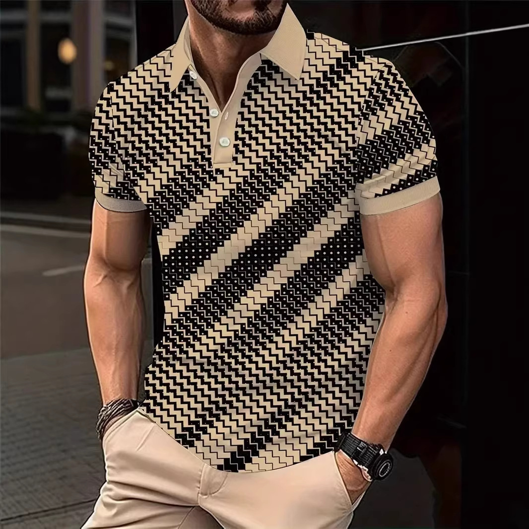 Summer men's polo shirt, short-sleeved, geometric striped, slim-fit t-shirt, casual commuting, turn-down collar, quick-drying polo