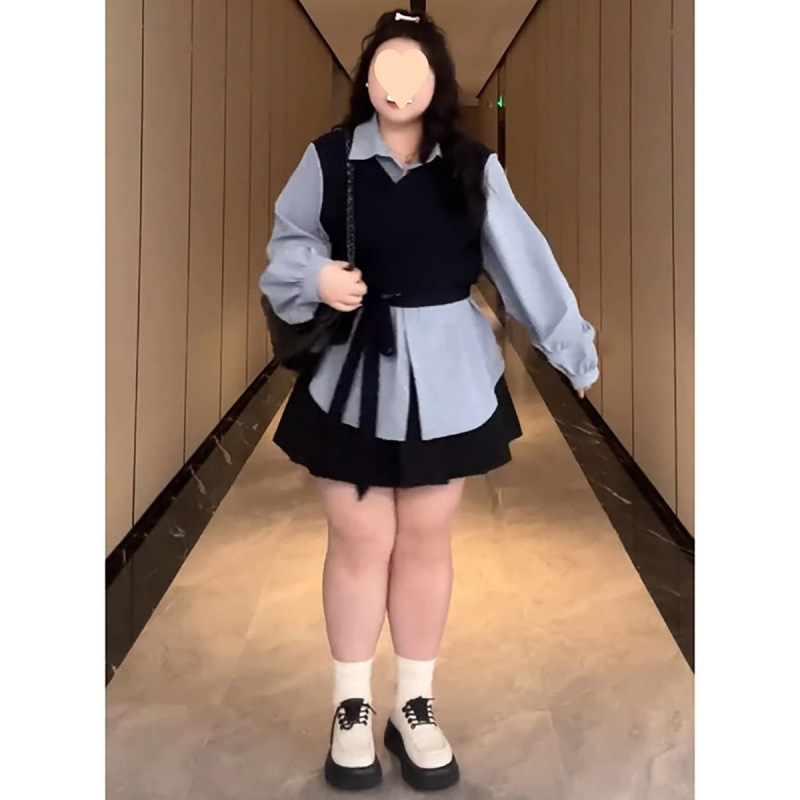 特大码女装300斤胖拼接假两件绑带收腰长袖衬衫显瘦上衣2025春|undefined