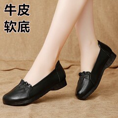 春季牛筋软底软面浅口妈妈鞋休闲舒适中年女单鞋平底真皮套脚女鞋