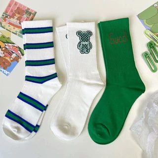 韩系东大门小熊袜子女百搭条纹中筒袜ins潮休闲运动风卡通学生袜