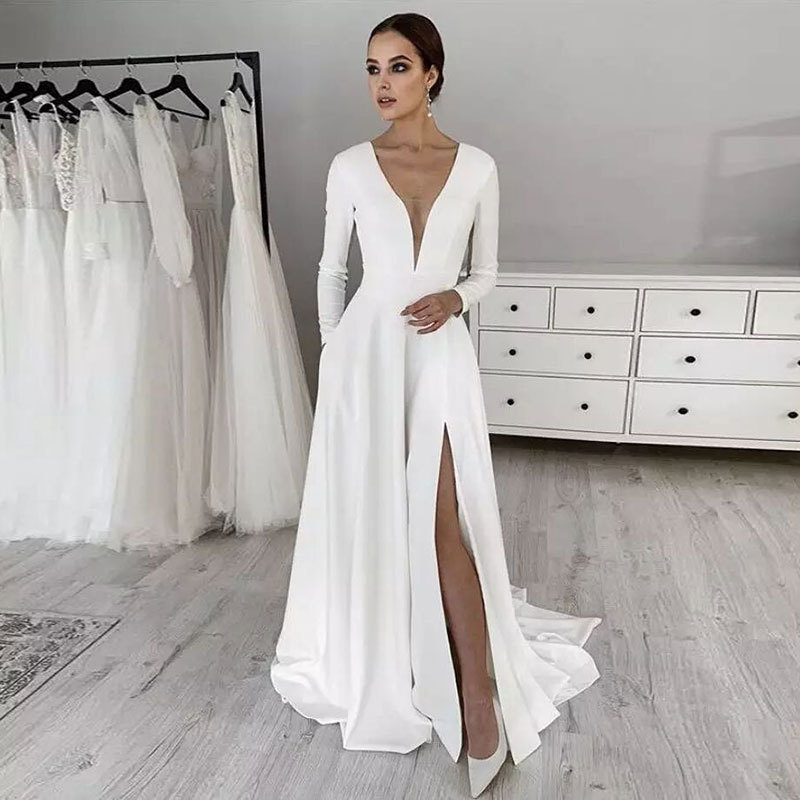 El Comercio Exterior de Europa y América Amazon AliExpress deseo elegante simple satén vestido novia manga larga profunda V sexy split personalizado