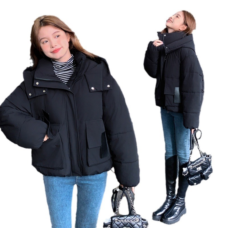 Ropa de algodón de mujer corta con capuzas gruesa ropa de pan de algodón coreano todo-completo suelto de bolsillo de mujer estereoscópico chaqueta de algodón caliente