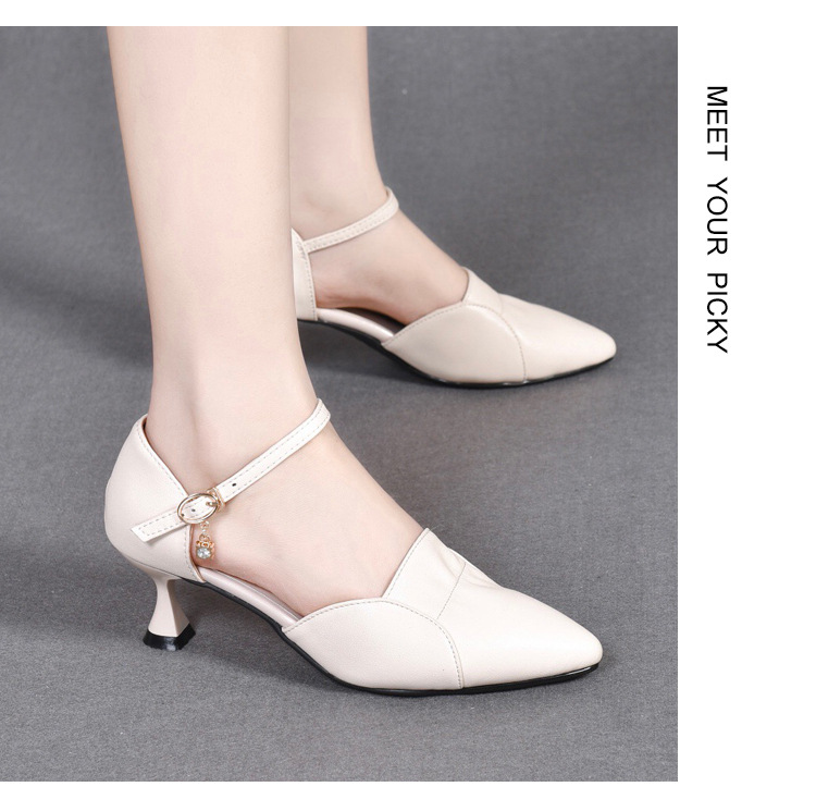 Xăng đan nữ mũi nhọn da thật quai ngang gót nhỏ 3 cm — Gót đen cao 3 cm chi tiết 14