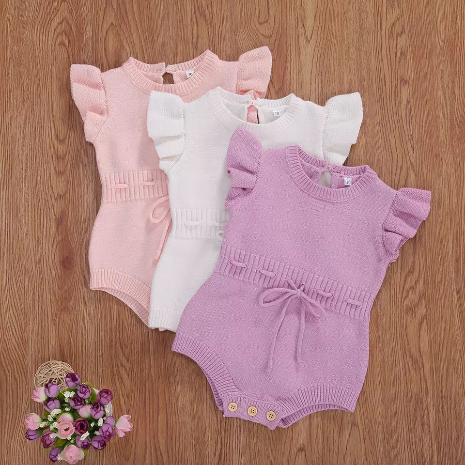 Source Manufacturer Cross-Border Children's Clothing Infant Girl's Tethered Three-Color Flying Sleeve Button Sweater Warm Crawling Suit
