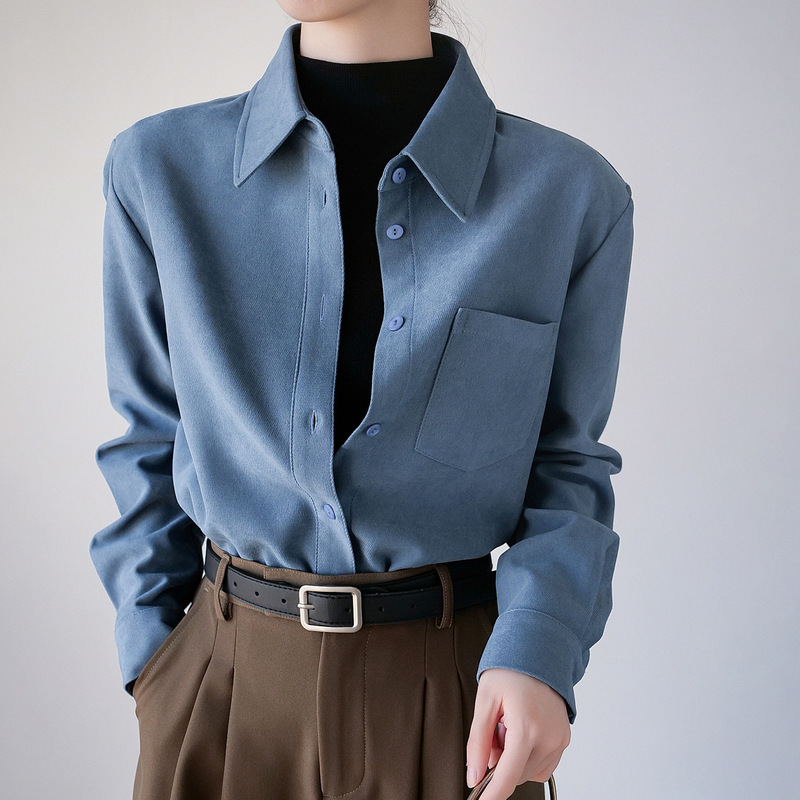 Thickened Velvet Brushed Long-Sleeved Shirt for Women with Single Chest Pocket Design, Suitable for Spring and Autumn, Slightly Loose Fit, Layering, and Warm