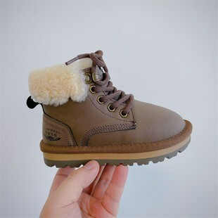 Children's snow boots 2023 Winter new boys and girls fleece-lined thick fur integrated leather boots baby cotton shoes