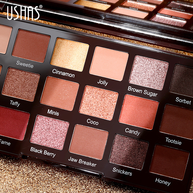 USHAS transfronterizo 18 paleta de sombras de ojos matte brillante de línea de ojos, panel de sombras de ojos de gran color, perla brillante
